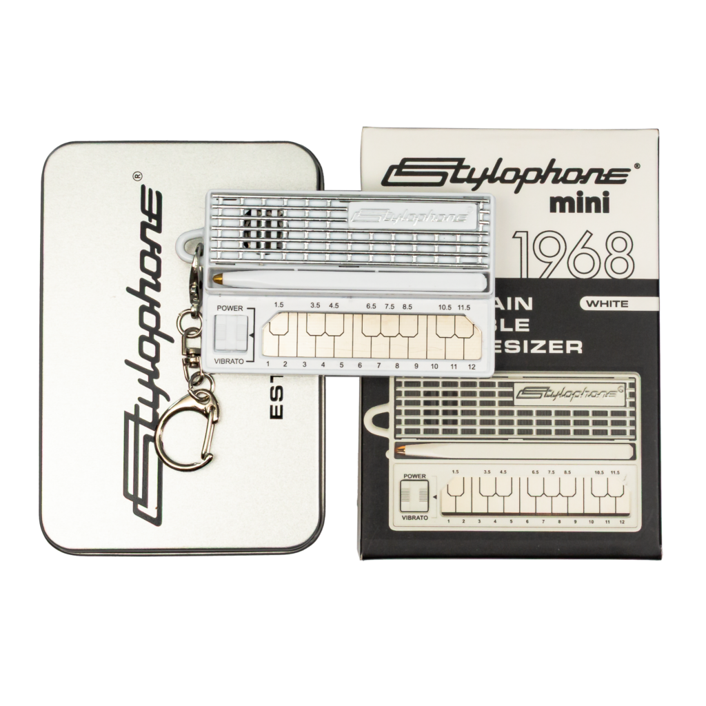 White Stylophone mini with box and tin