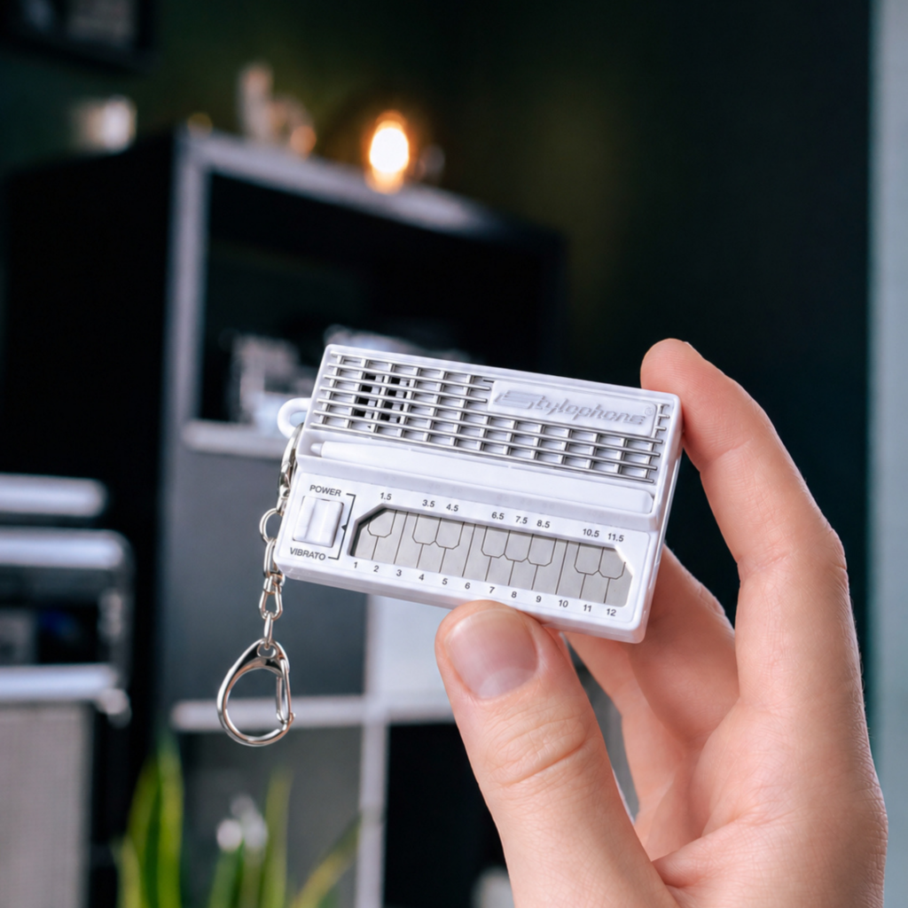 white Stylophone Mini in hand